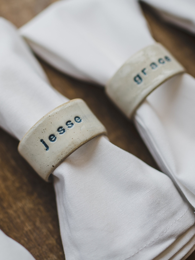 personalised napkin rings on white napkins