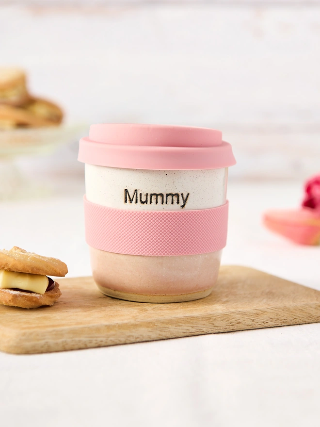 mummy personalised short ceramic pink travel mug