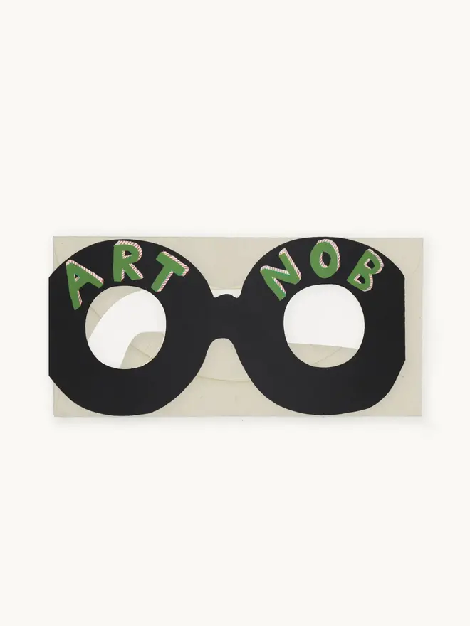 black paper glasses card with 'art nob' text