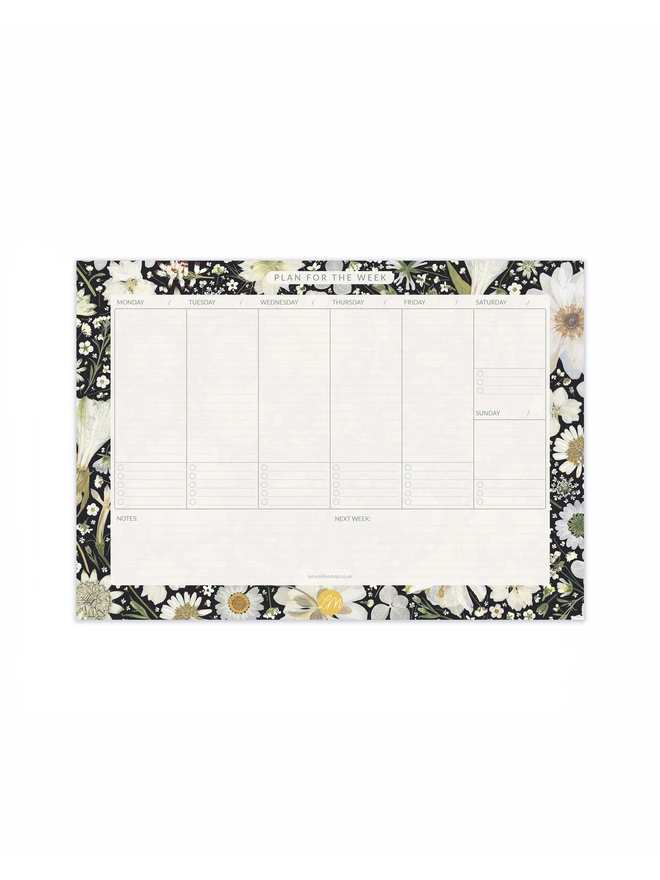 52-sheet floral weekly planner pad, with sections for notes and upcoming week, ideal for organising meetings, meal plans, and to-do lists; suitable for students, entrepreneurs, and anyone who values functional, beautiful planning tools.