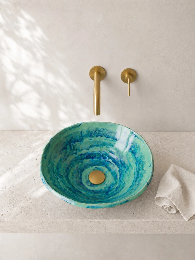 bathroom basin, green, Jenny Hopps Pottery