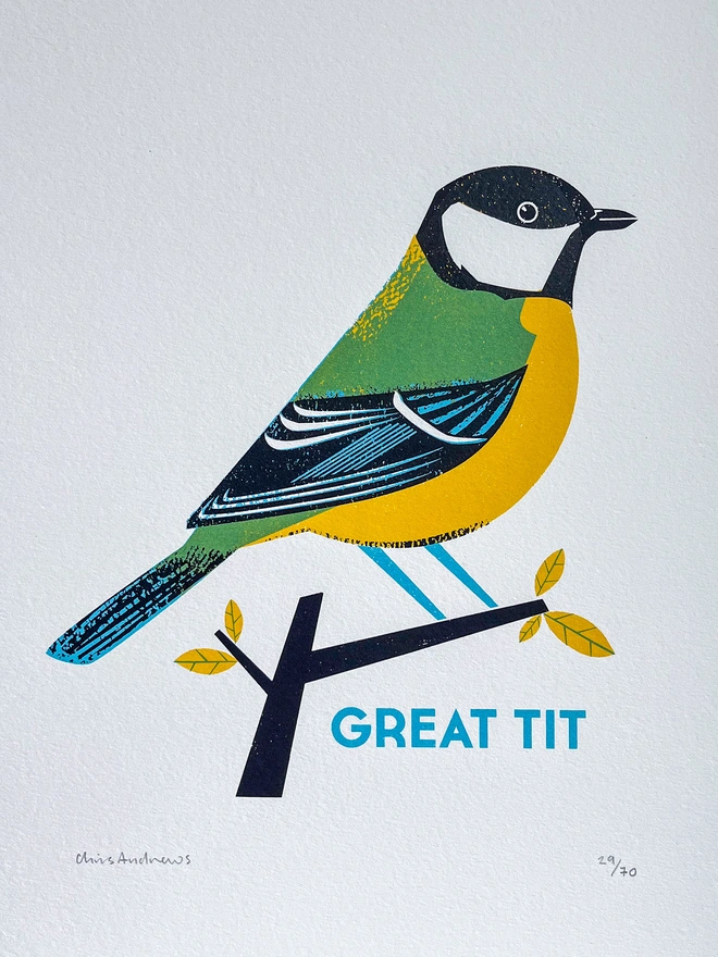 A screenprint of a Great Tit bird on white paper against a navy blue background.