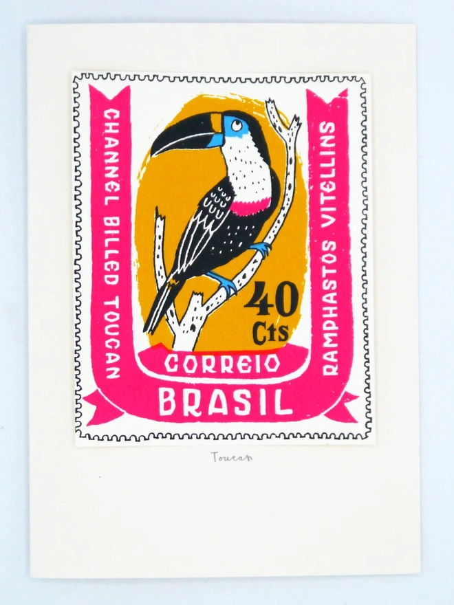 Bird Stamp Card Brazil Toucan, a white card with a toucan stamp against a plain background. 