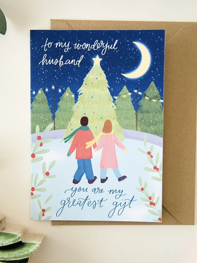 Ice skating scene illustrated Christmas card to my wonderful husband