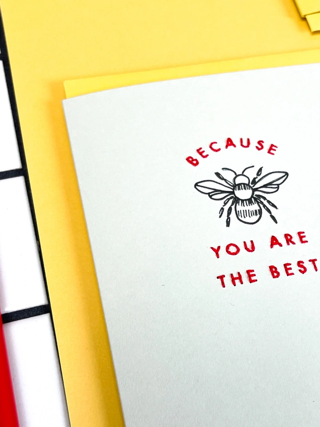 Hand-drawn bee on mushroom card