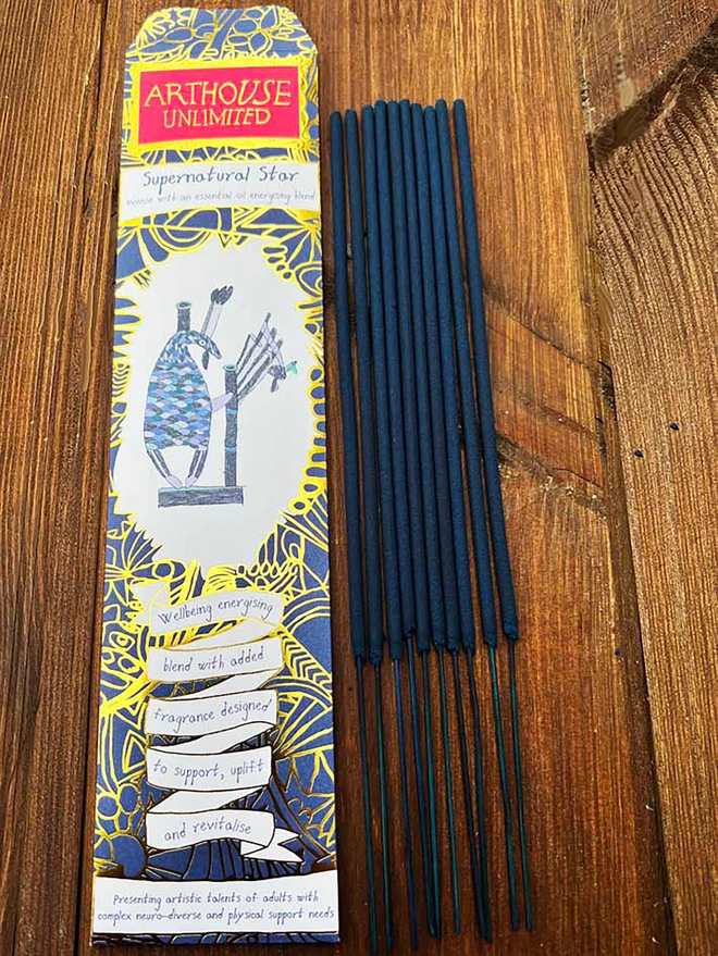 pack of 10 supernatural star well being charity incense sticks with blue & gold illustrations
