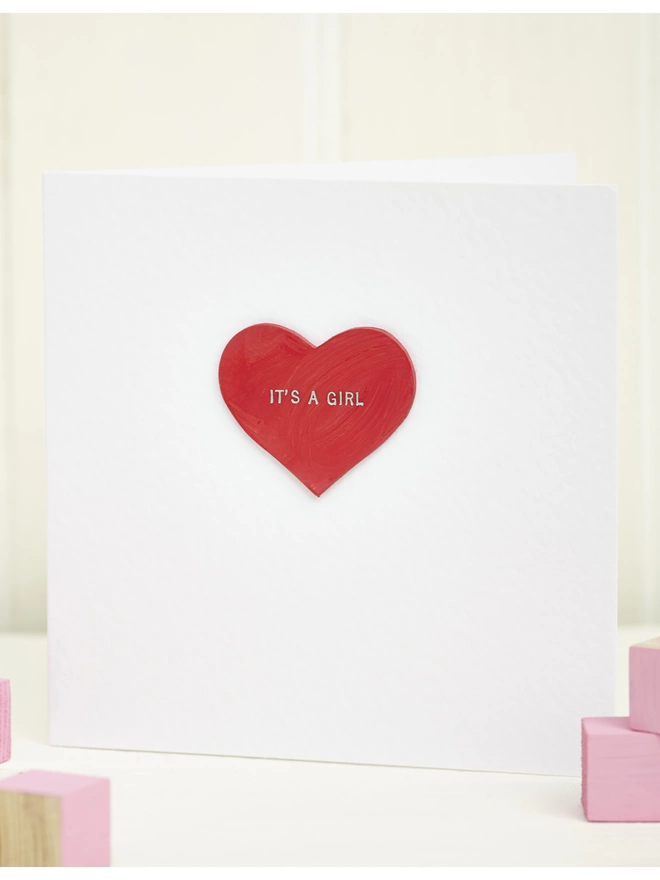 Small Heart Pink Hammered 'It's a girl' card