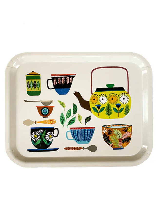 illustrated teapot and cups tray