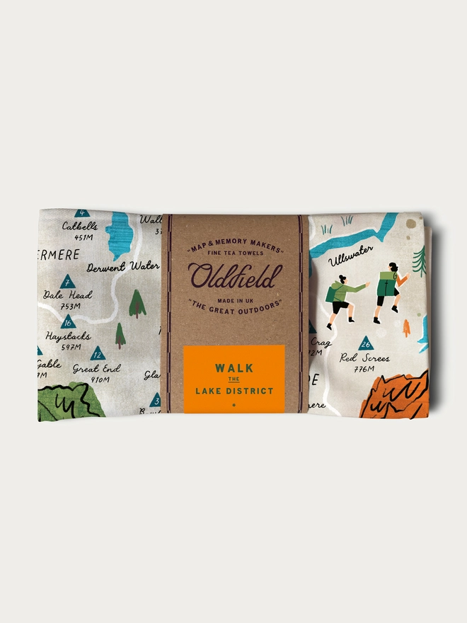 walk the lakes tea towel folded and packaged