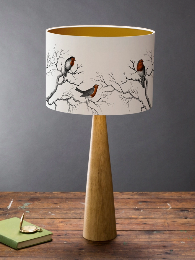 Handmade robin lampshade inspired by British gardens and vintage natural history illustrations