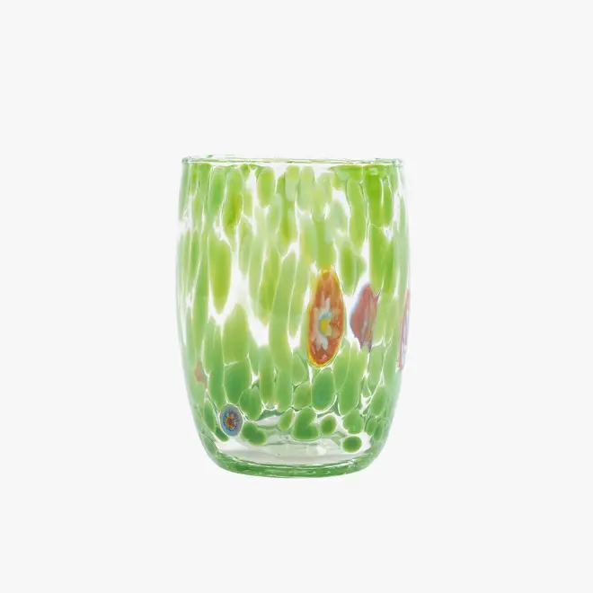 round tumbler glass with green splotches