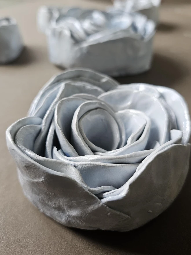 light blue ceramic rose flower for wall hanging decor handmade sculpture art 