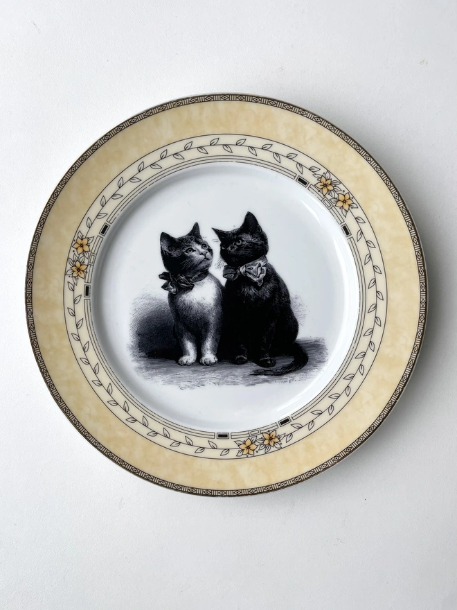 a vintage plate with an ornate border, in the centre of the plate is a vintage style black and white illustration of a black witch's cat
