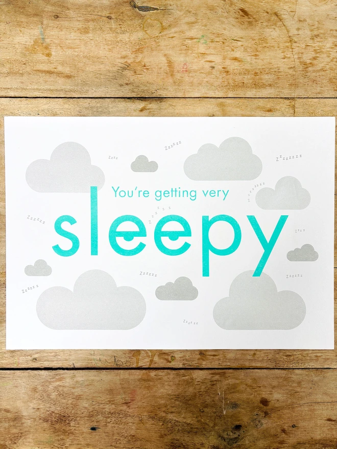 Sleepy kids bedroom risograph print in mint and grey