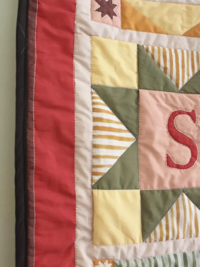 personalised baby quilted wall hanging. a patchwork hanging quilt decoration to commemorate a baby's birth.