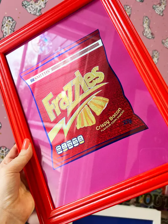 'Frazzles' ScreenPrint, a colourful frazzles screenprint, framed, held by a person. 