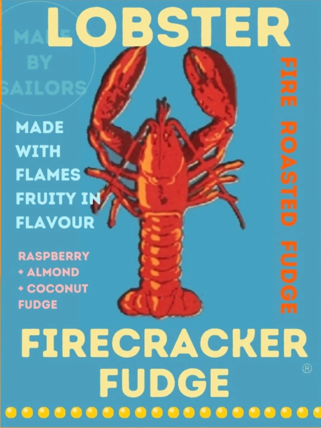 lobster fire roasted raspberry fudge. packaging for fudge featuring an illustrated red lobster on a blue background with yellow writing.