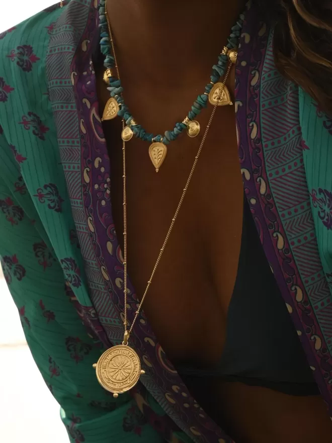 Divine Compass long coin pendant by Loft & Daughter with beaded boho choker
