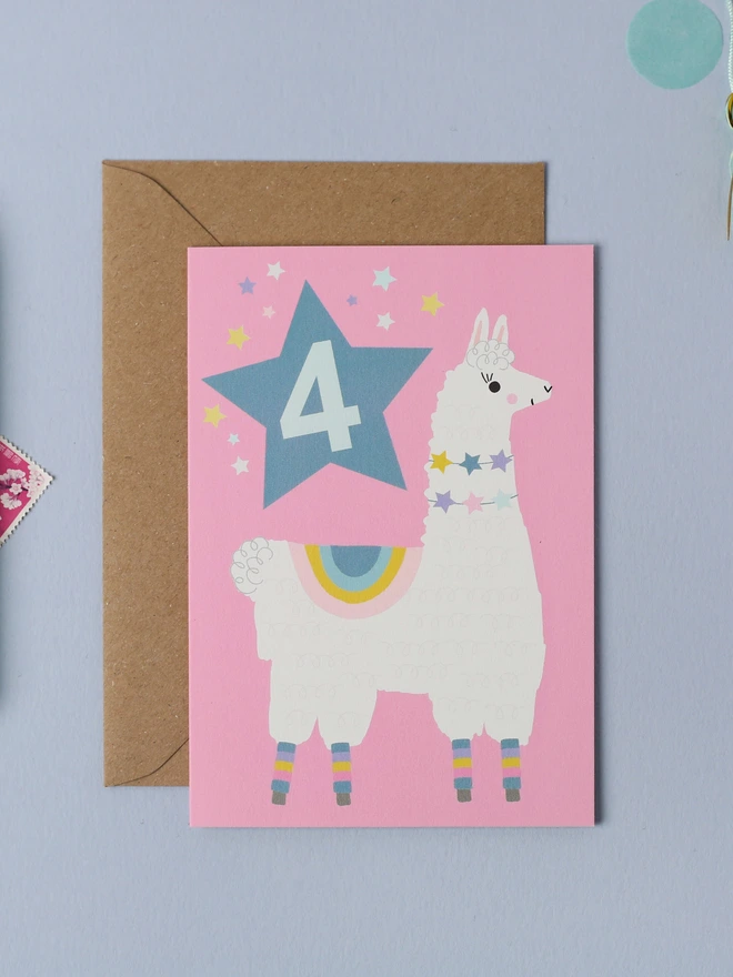 Llama Pink Birthday Age 4 Card 