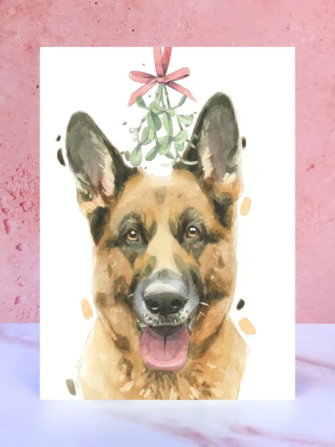 german shepherd dog mistletoe christmas card