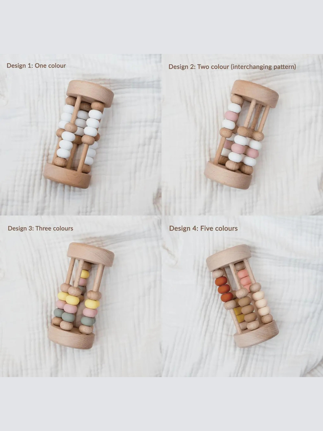 rolling wooden abacus rattle toy. wooden rattle toys with silicone and wooden abacus beads, in four different combination designs. 
