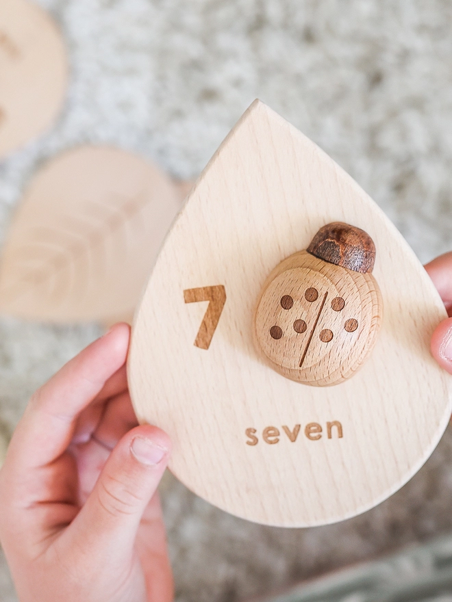 Wooden ladybug with seven counting dots on leaf