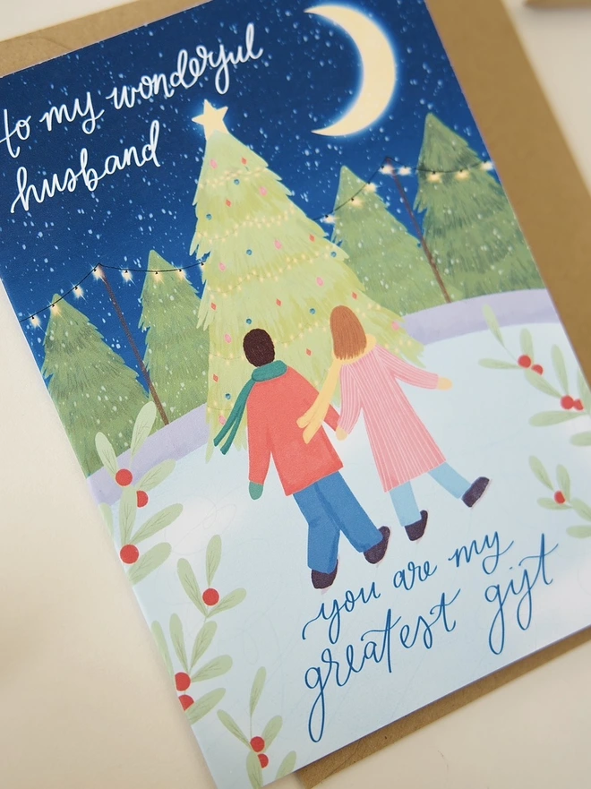 Ice skating scene illustrated Christmas card to my wonderful husband