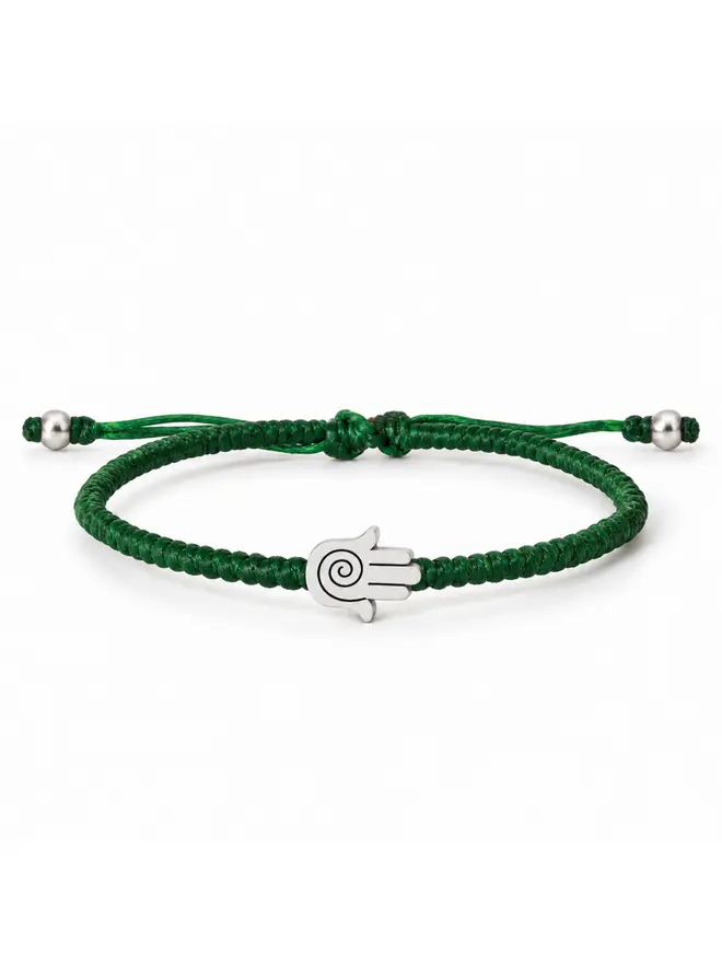 women’s green cord bracelet sterling silver hamsa charm handmade London