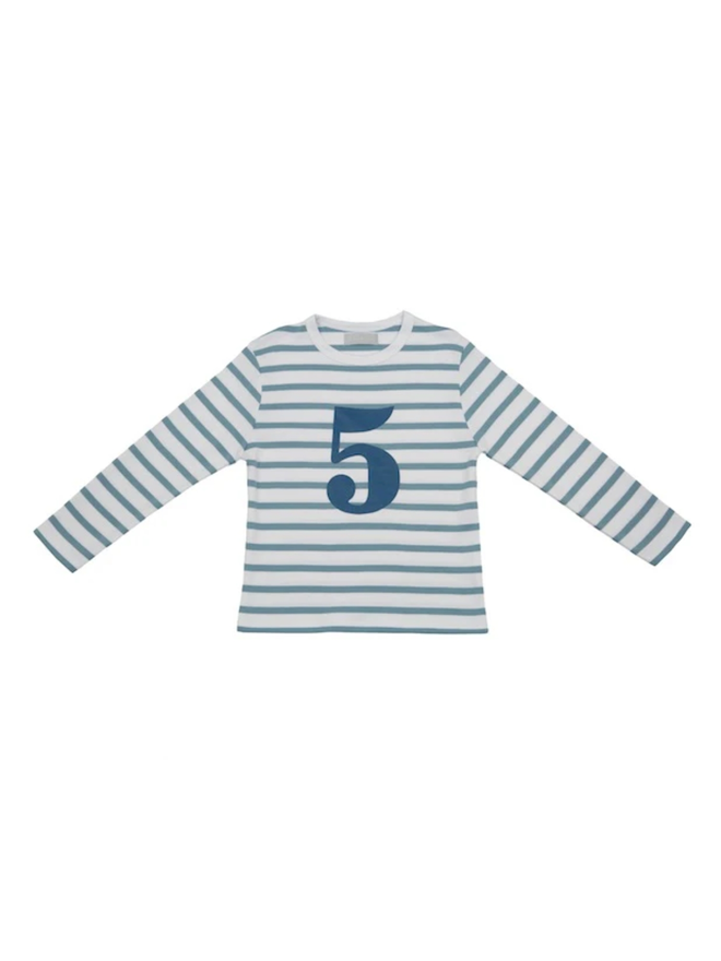 Ocean Blue & White Breton Striped Number 5 T Shirt