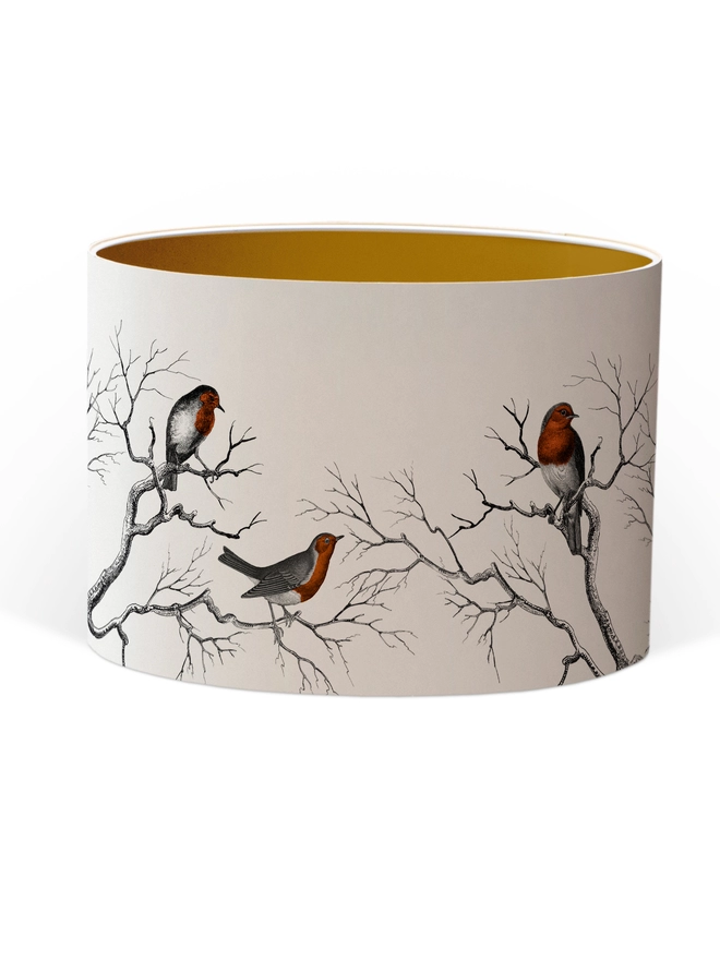 Drum Lampshade featuring Robins with a Gold inner on a white background