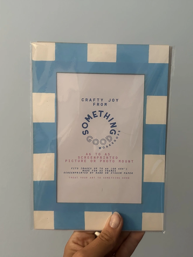 screen printed picture frame with thick blue gingham print