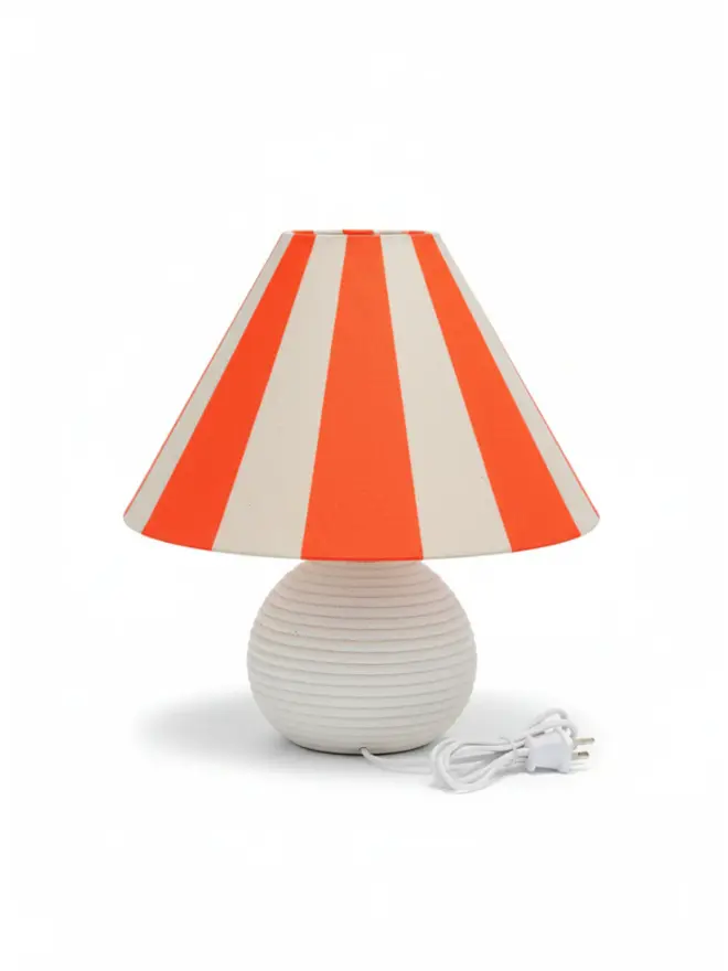 Hand Painted Upcycled Striped Large Drum Lampshade, a neon orange striped lampshade sitting against a white background. 