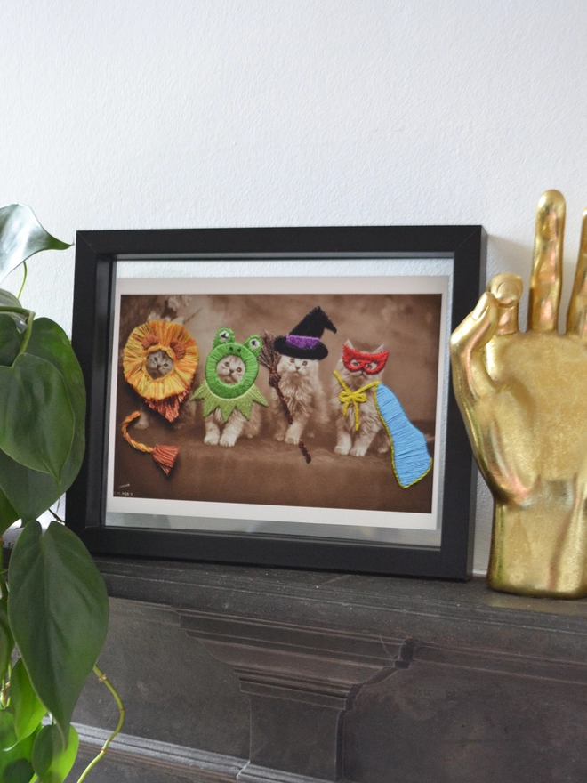 Black and white print 4 cats wearing embroidered frog, lion, superhero, witch costume in frame