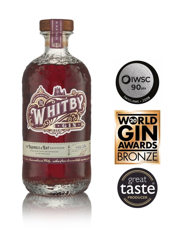 Bramble & Bay Edition Gin, a bottle of gin sitting on a plain white surface. 