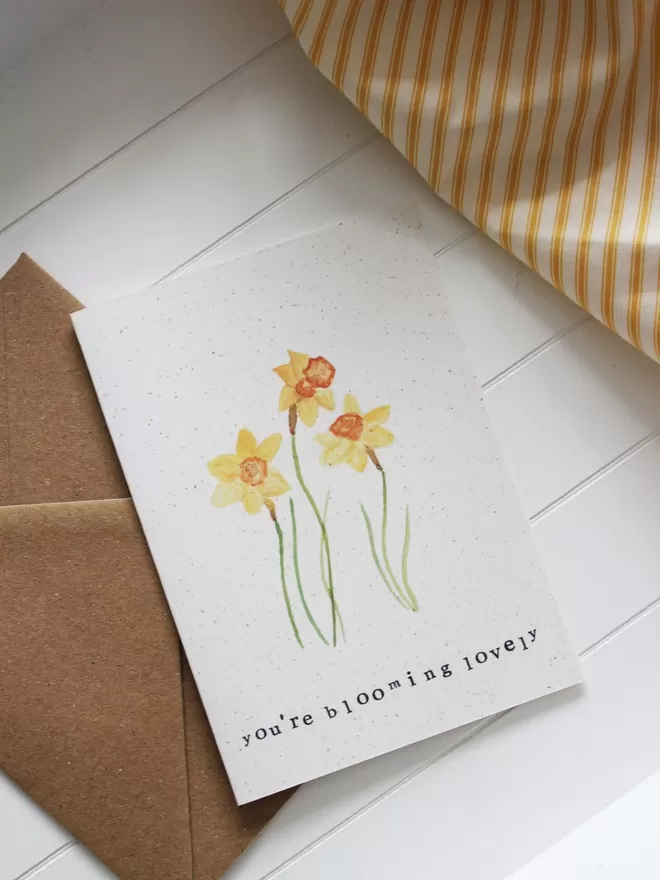 'You're Blooming Lovely' Card laying on Kraft envelope