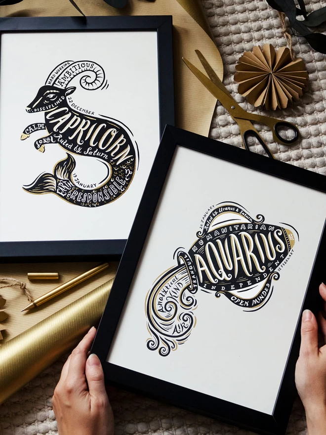 Capricorn and Aquarius zodiac framed prints