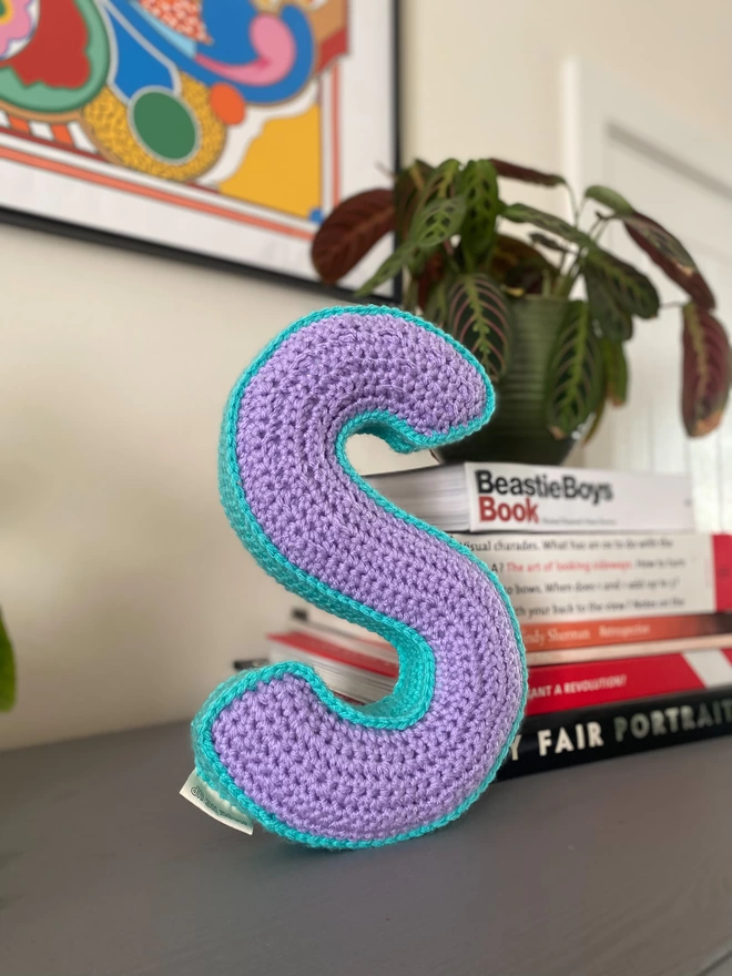 Crochet Cushion shaped like an S on a shelf