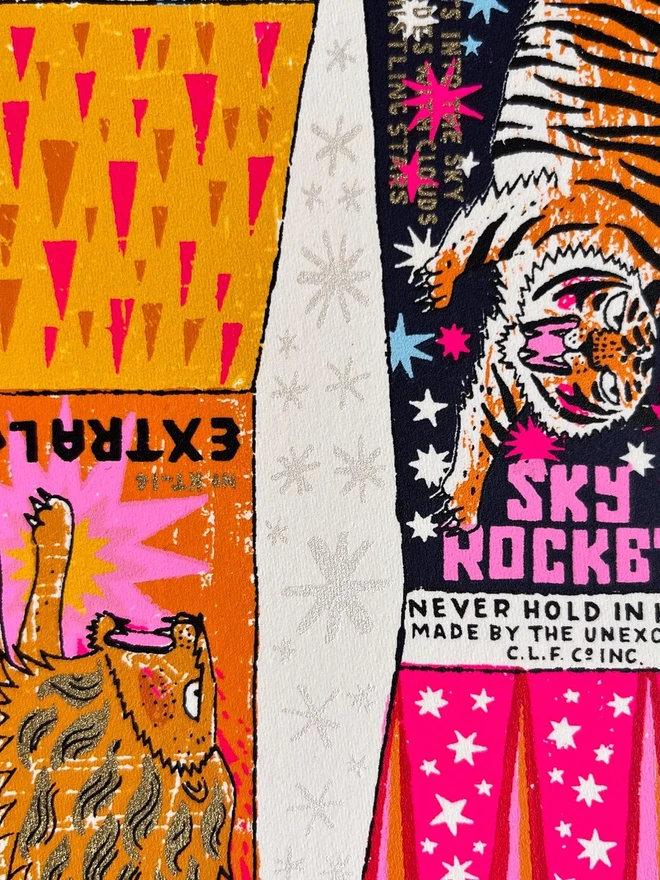 Rocket Fireworks Screenprint Howling Balls Of Fire, a pair of colourful firework designs on a white piece of paper. 