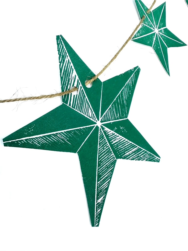 Traditional Green Rustic Scandi Stars Hand Printed Linocut Garland