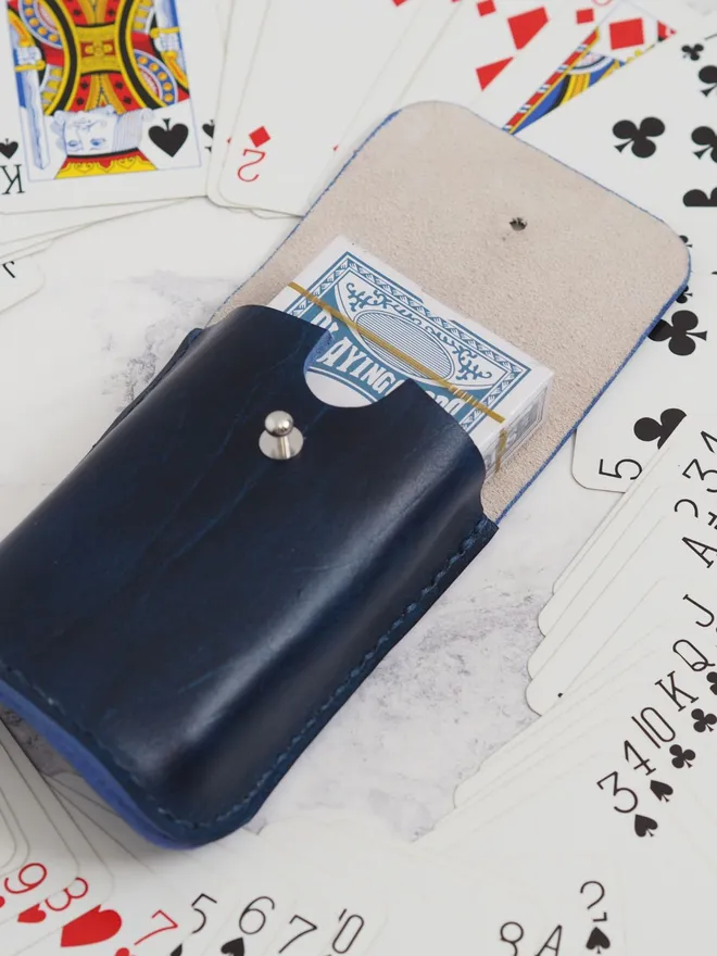 hand dyed blue leather deck of cards sleeve