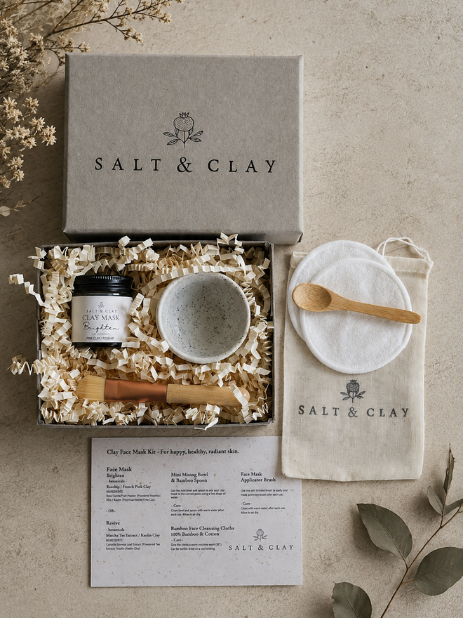 SALT & CLAY image of a clay face mask gift set in gift box with bowl and spoon and cleansing cloths.
