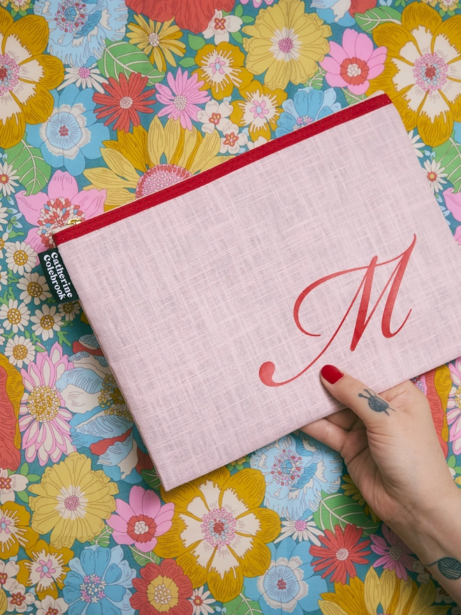 CATHERINE COLEBROOK PINK LINEN PURSE - CALLIGRAPHY INITIAL