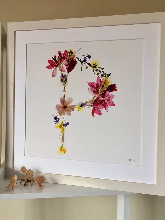 Pressed Wildflower Letter Print, a wildflower alphabet letter print sitting framed. 