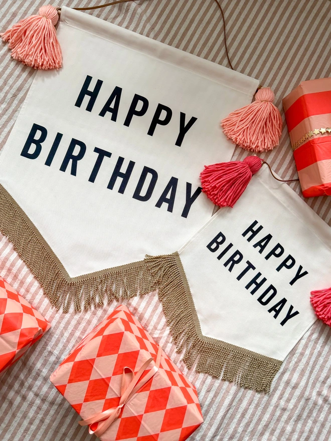  Large Handmade Fabric Happy Birthday Banner with Tassels and Gold trim