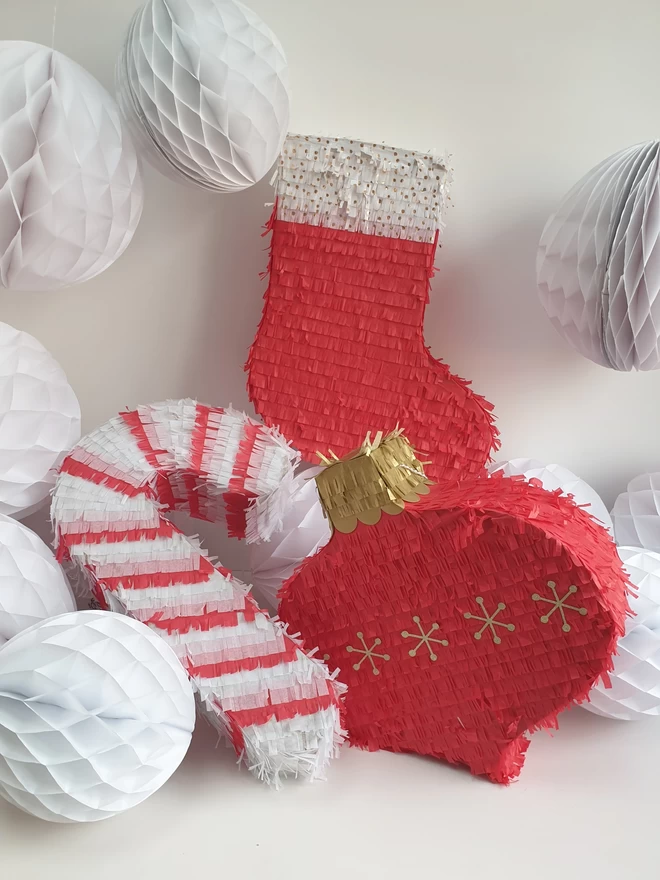 christmas pinatas stocking, bauble and candycane