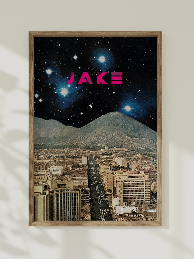 A personalised retro space print featuring a faraway planet deep in space. A bold name in hot pink sits among the stars.