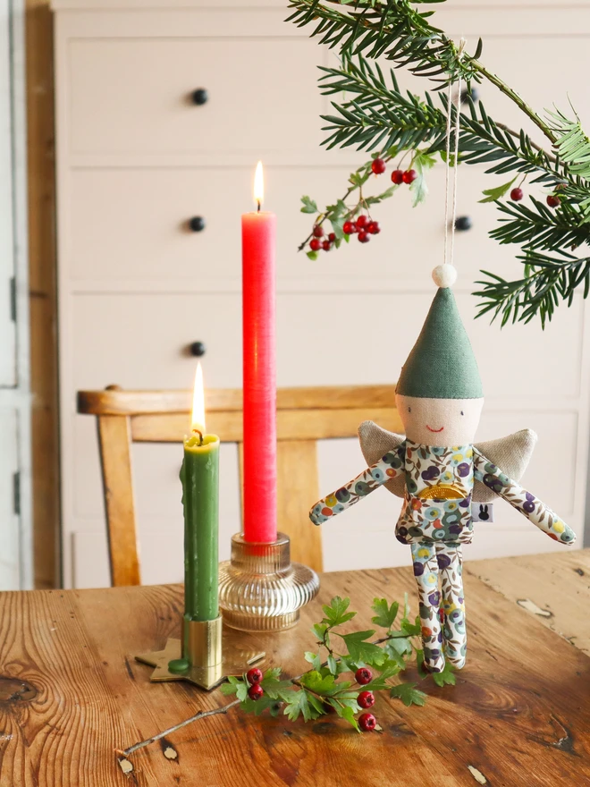 Handmade fariy christmas tree ornament with green or red linen hat, Liberty print outfit and linen wings.