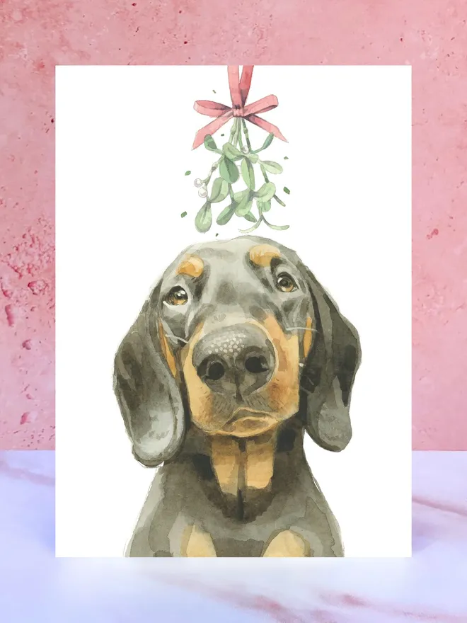 black tan dachshund dog mistletoe christmas card