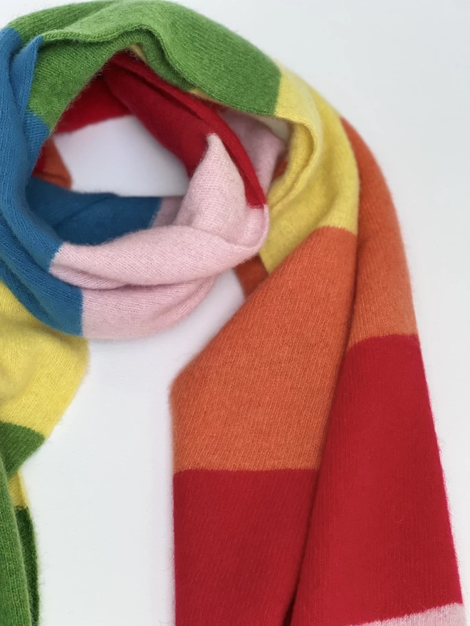 Close up of rainbow striped scarf