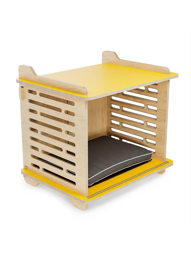 wooden dog crate with yellow top and base side view 